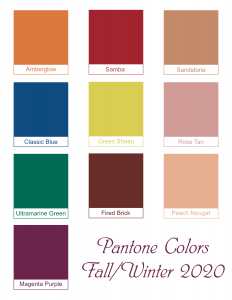 A graphic with squares representing all the 10 pantone colors of the season for Fall/Winer 2020/2021
