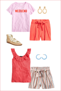 Paperbag Waist Shorts Styled With A Graphic Tee and A Ruffle Tank Top With Gladiator Sandals